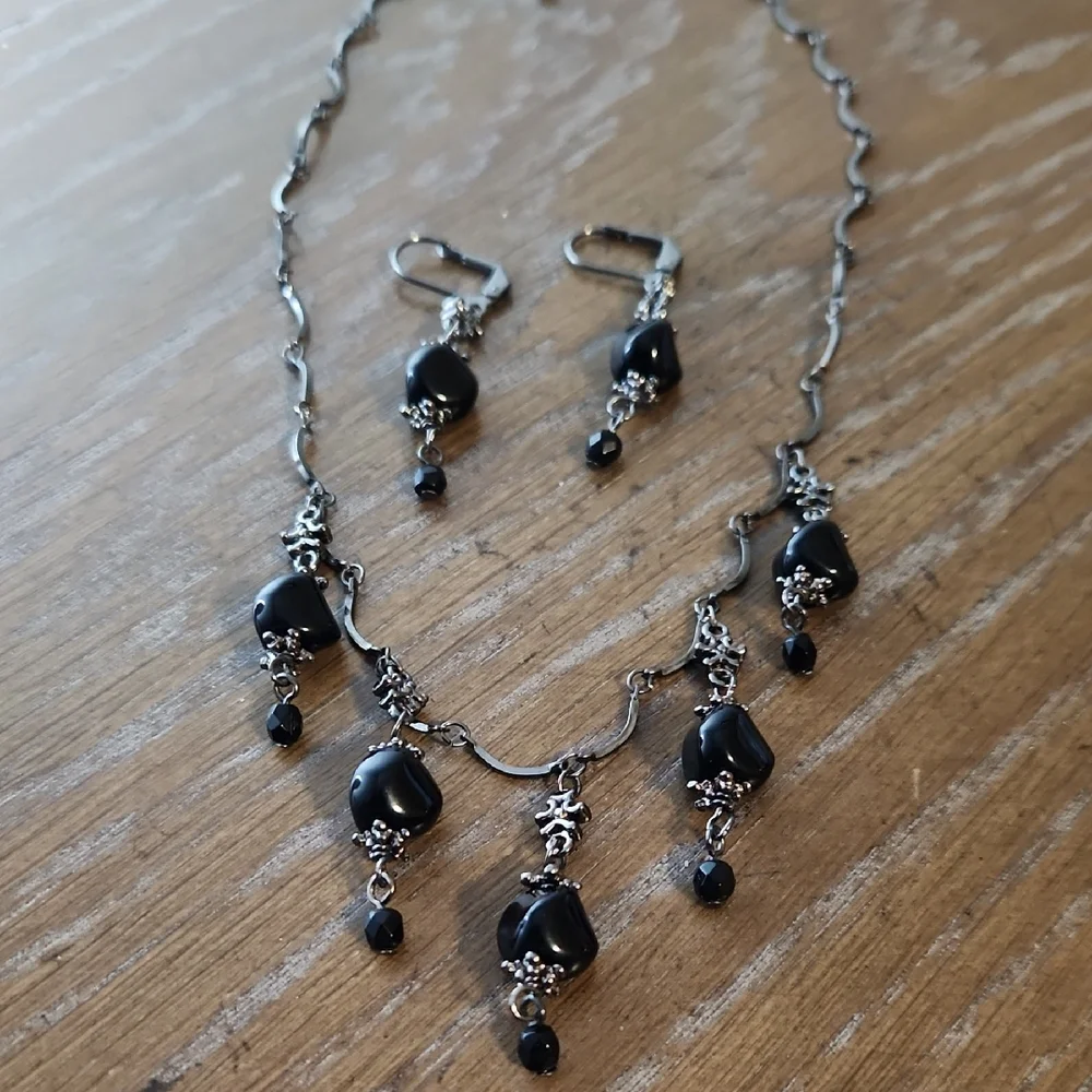 Vintage Inspired Black Bead Necklace and Earring Set